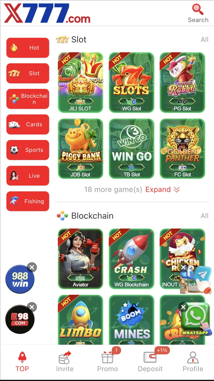 X777 Game slots lobby featuring spinning-reel games
