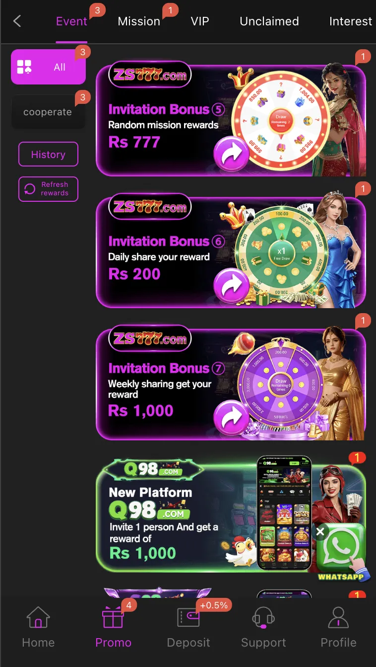 ZS777 daily bonus and login rewards page showing streak counter