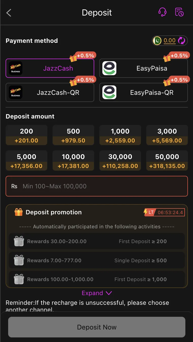 ZS777 Game deposit screen with JazzCash and EasyPaisa payment options