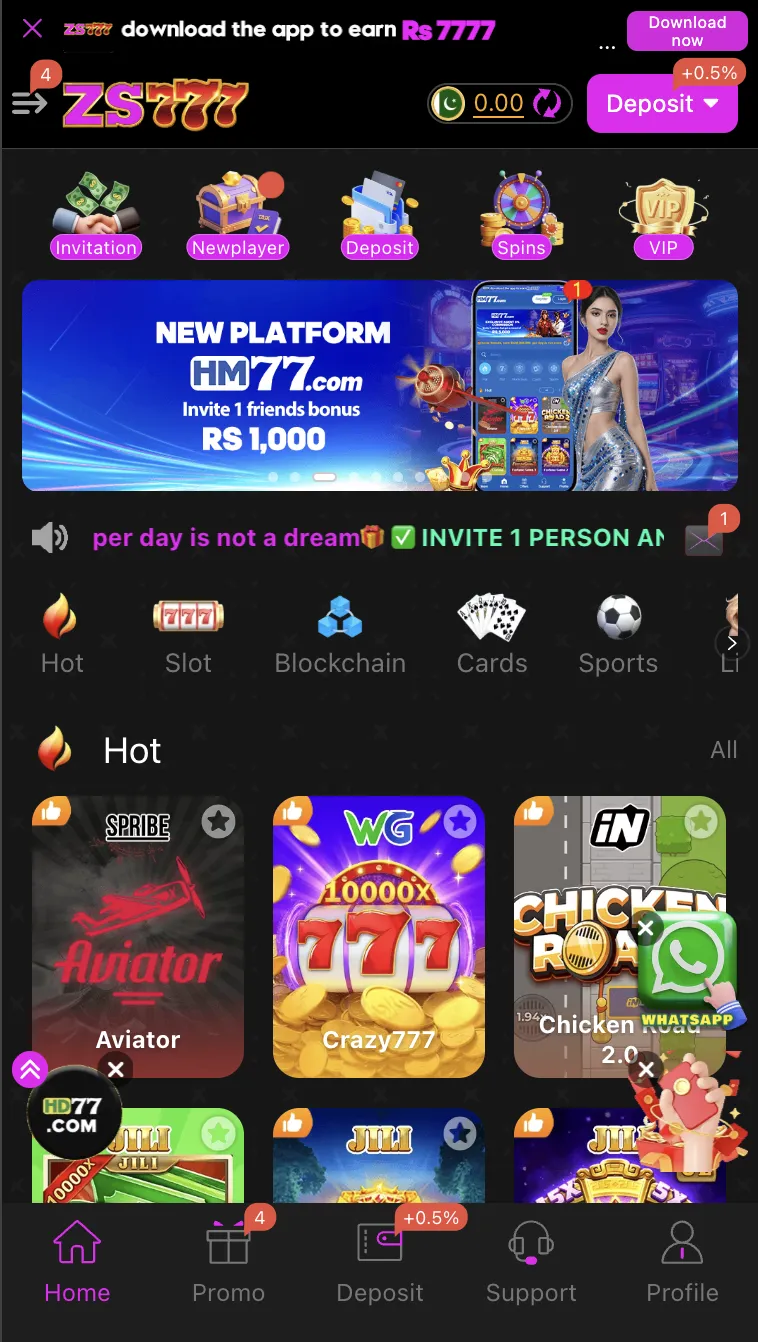 ZS777 Game home screen showing the full games lobby with slots and table games